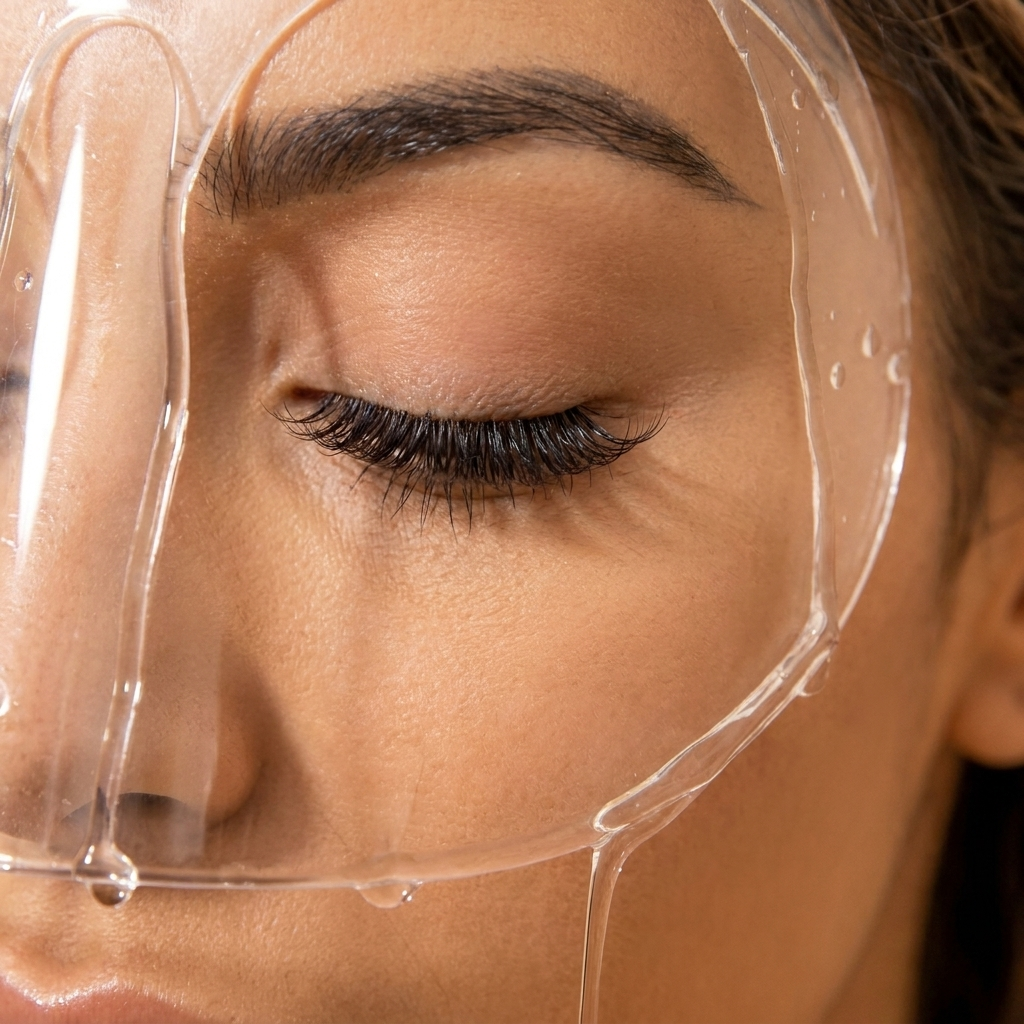 Close-up of lashes beneath a clear shower shield